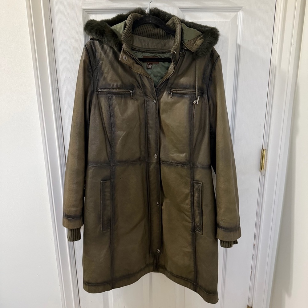Danier Leather Khaki Green Long Leather Hooded Jacket Coat Extra Large